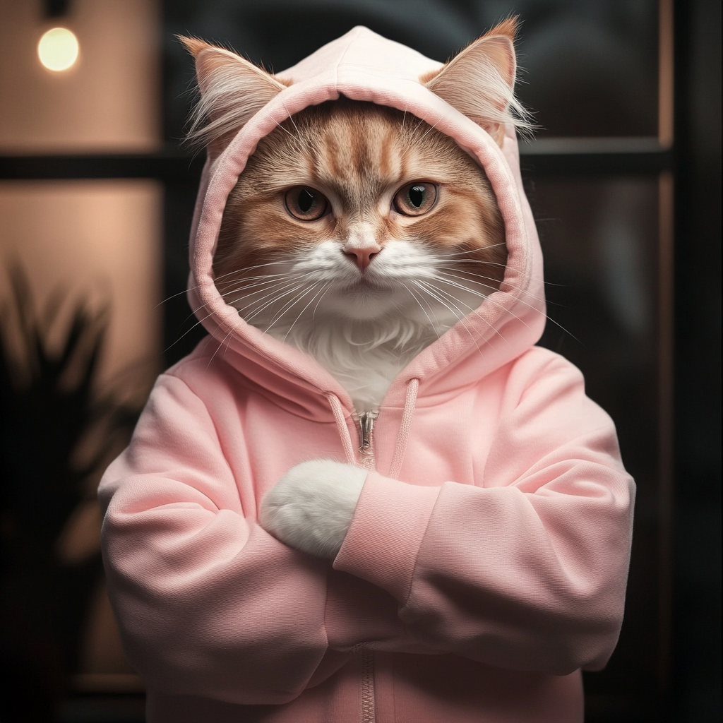 Langhaarige Katze mit weiß-rotem Fell trägt einen rosa Kapuzenpullover und blickt ernst in die Kamera.