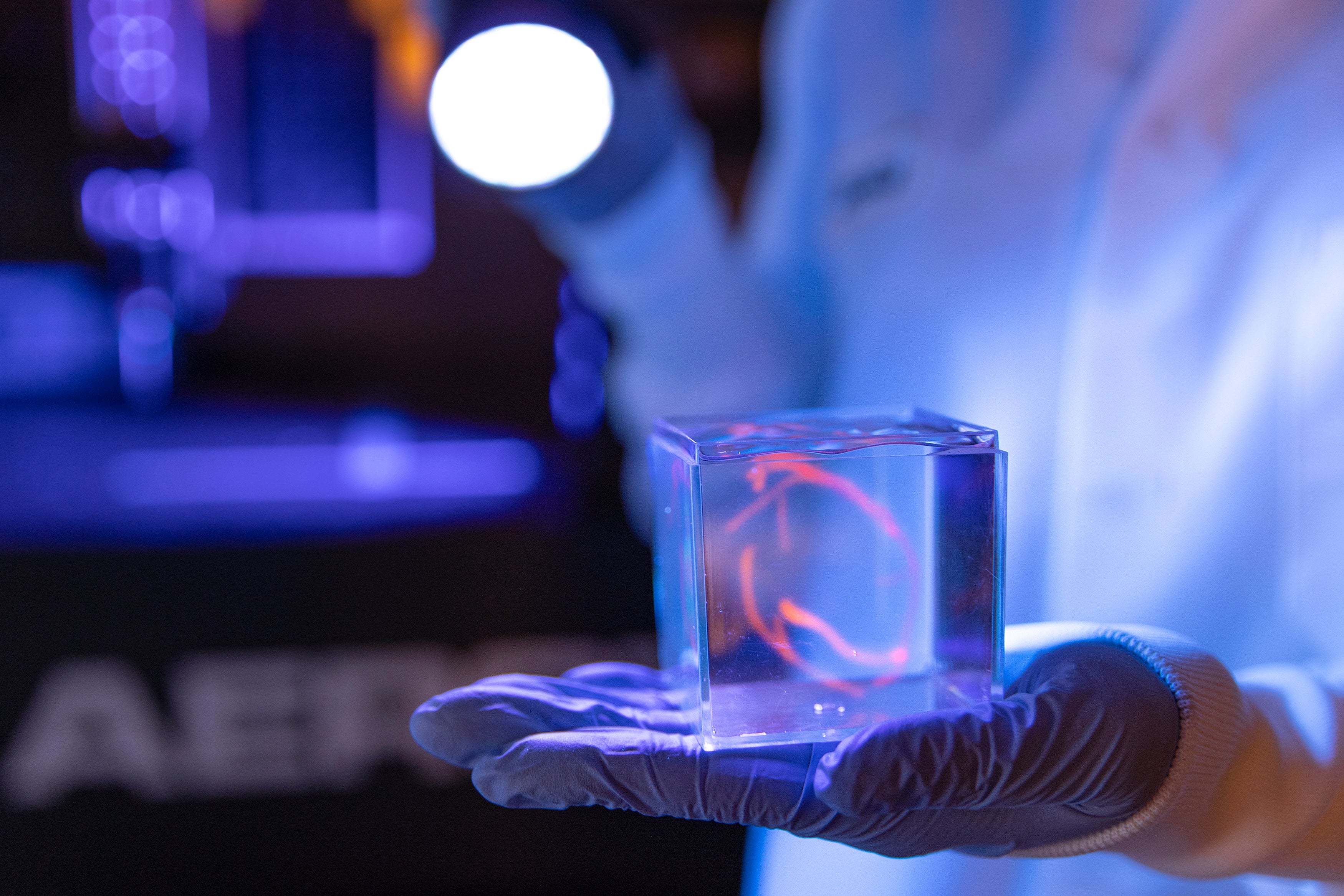 Wissenschaftler hält transparenten Würfel mit biotechnologischer Struktur unter blau-violettem Licht im Labor.