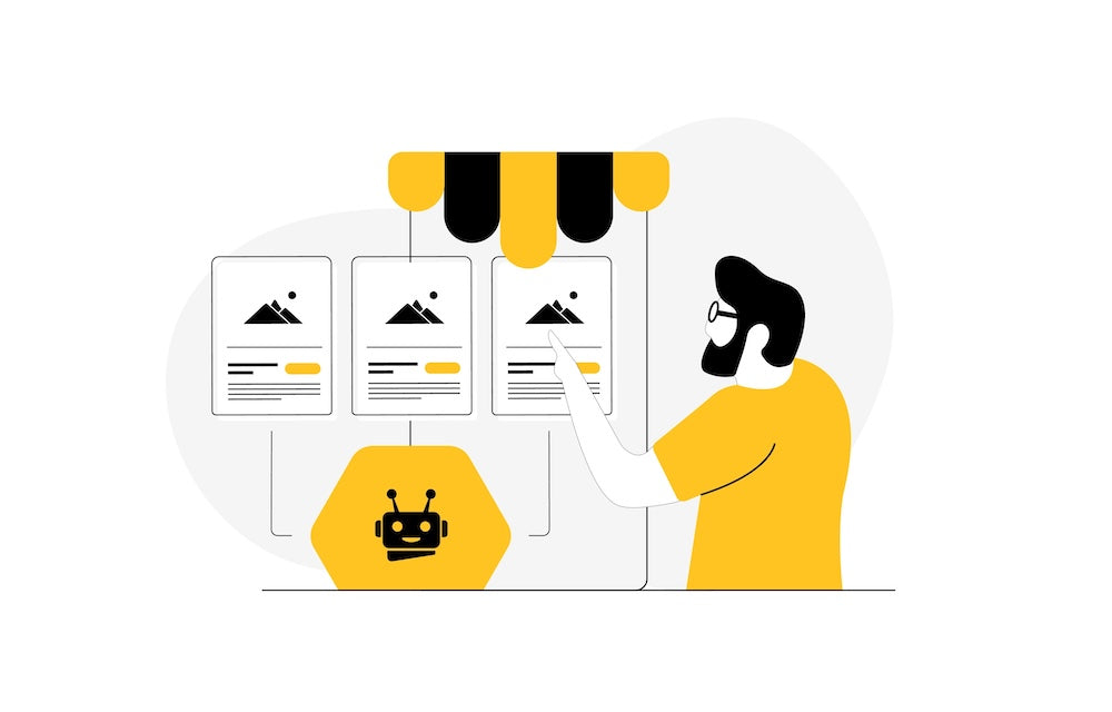 Illustration eines Mannes mit Brille und gelbem Shirt, der Produktkarten in einem stilisierten Online-Shop betrachtet – darunter ein KI-Roboter-Icon, das die automatische Verarbeitung symbolisiert.