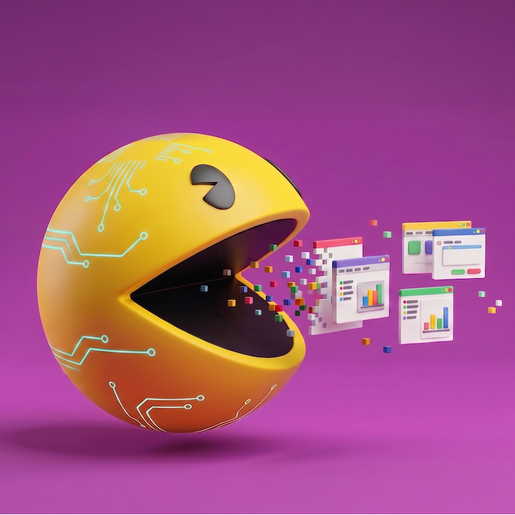 3D-Illustration einer Pac-Man-Figur mit Platinen-Muster, die bunte Pixel und digitale Diagramm-Fenster frisst – auf violettem Hintergrund als Metapher für KI, die Daten verschlingt.