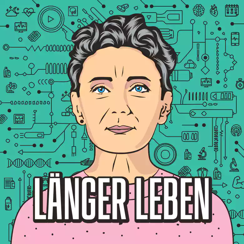 Illustration einer älteren Frau vor türkisem Technologie-Hintergrund mit dem Schriftzug „Länger Leben“.