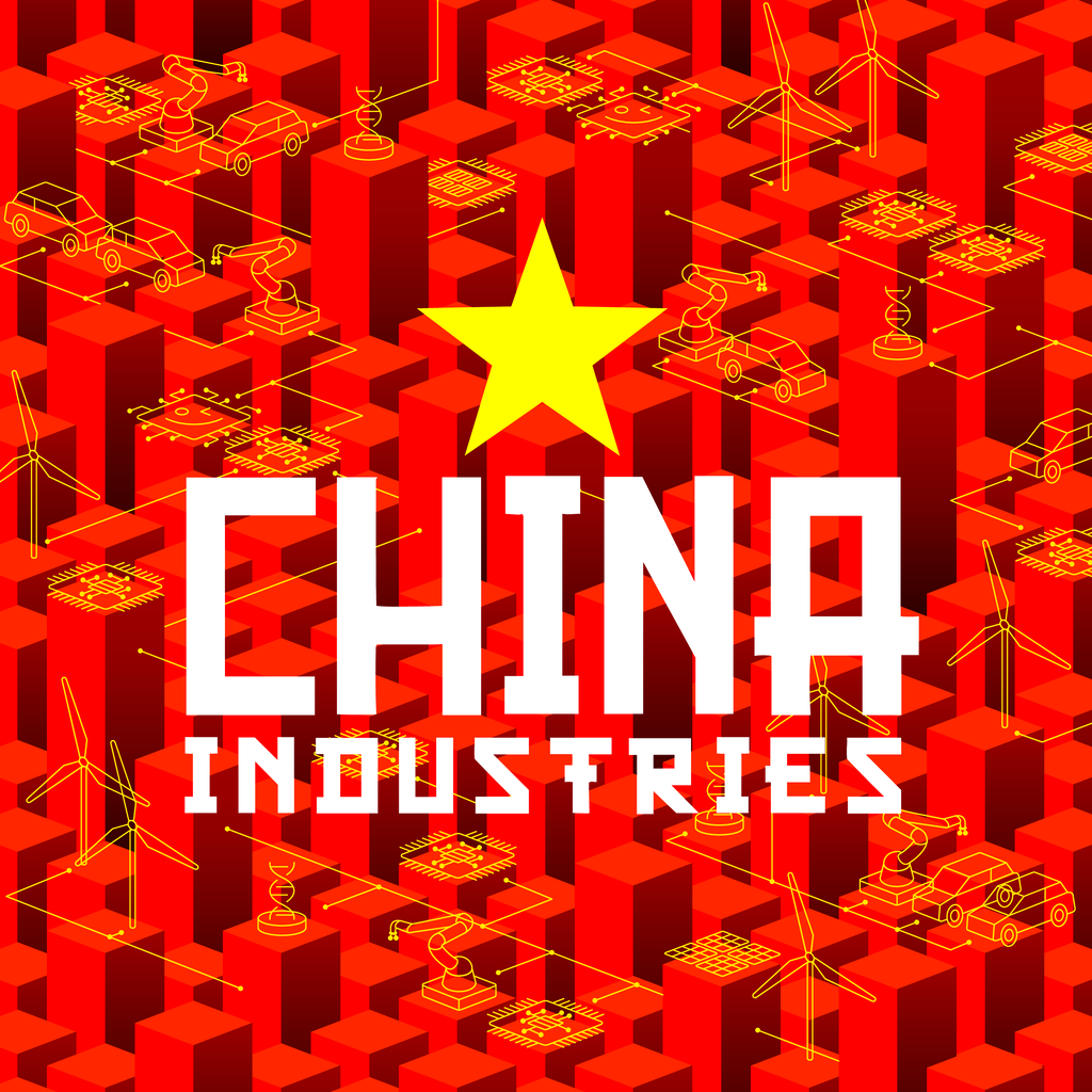 Illustration mit gelbem Stern und Text China Industries auf rotem Hintergrund. Darstellung von Symbolen für Windkraftanlagen, Autos, Roboterarme, Solarpanels und Mikrochips – Symbol für Chinas Industrie- und Technologiewachstum.