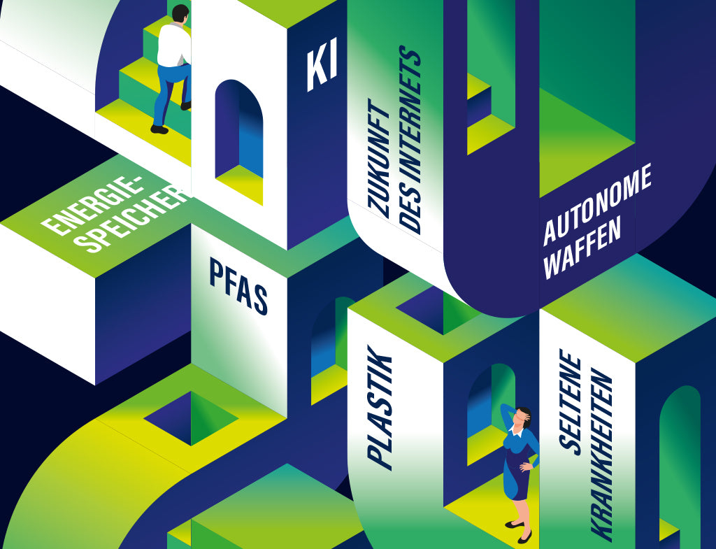Bunte isometrische Illustration zeigt Themen wie KI, Energiespeicher, Zukunft des Internets, PFAS, autonome Waffen, Plastik und seltene Krankheiten in 3D-Blöcken.