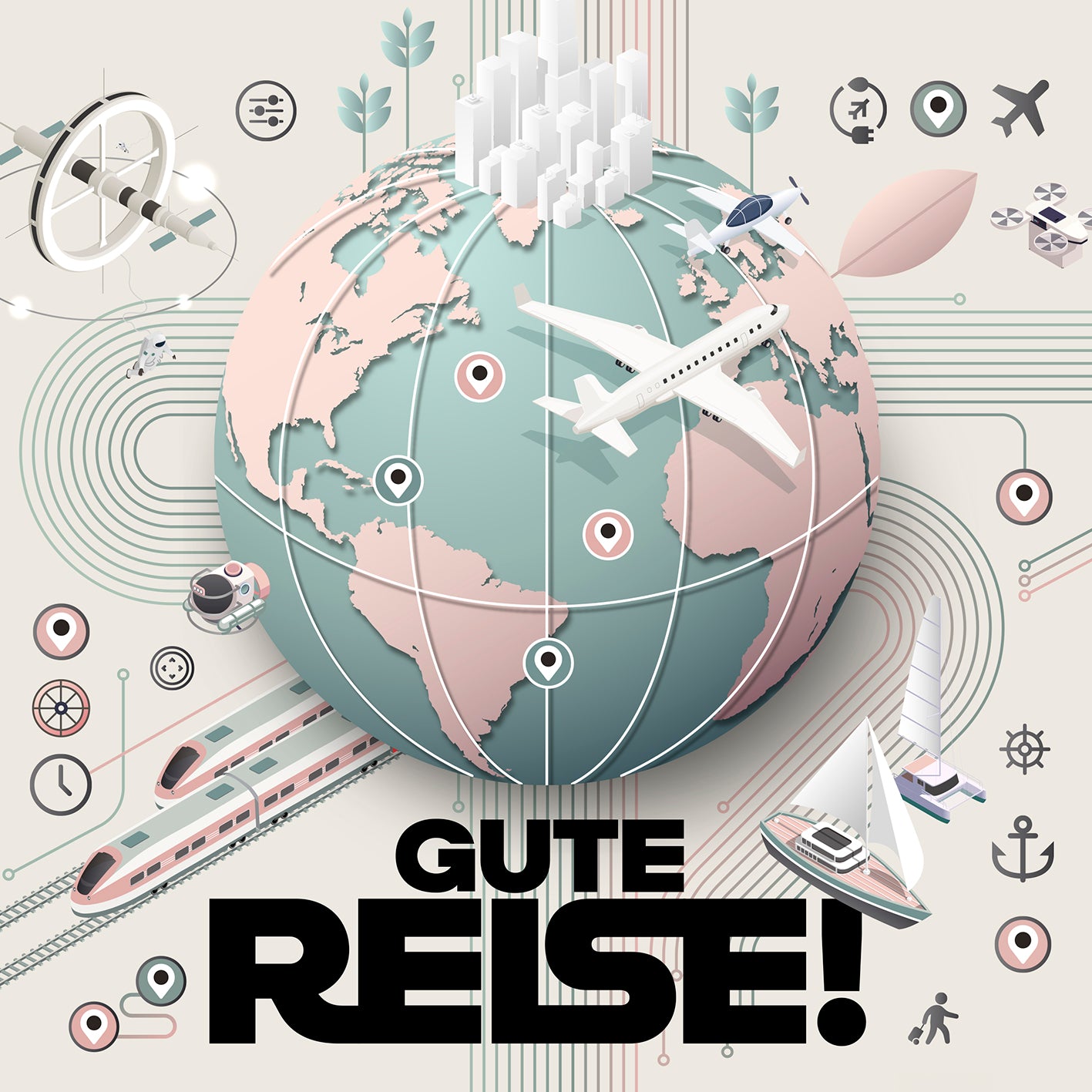 Illustration eines Globus mit Flugzeugen, Zügen, Schiffen und Symbolen für Mobilität, darunter der Schriftzug „Gute Reise!“.