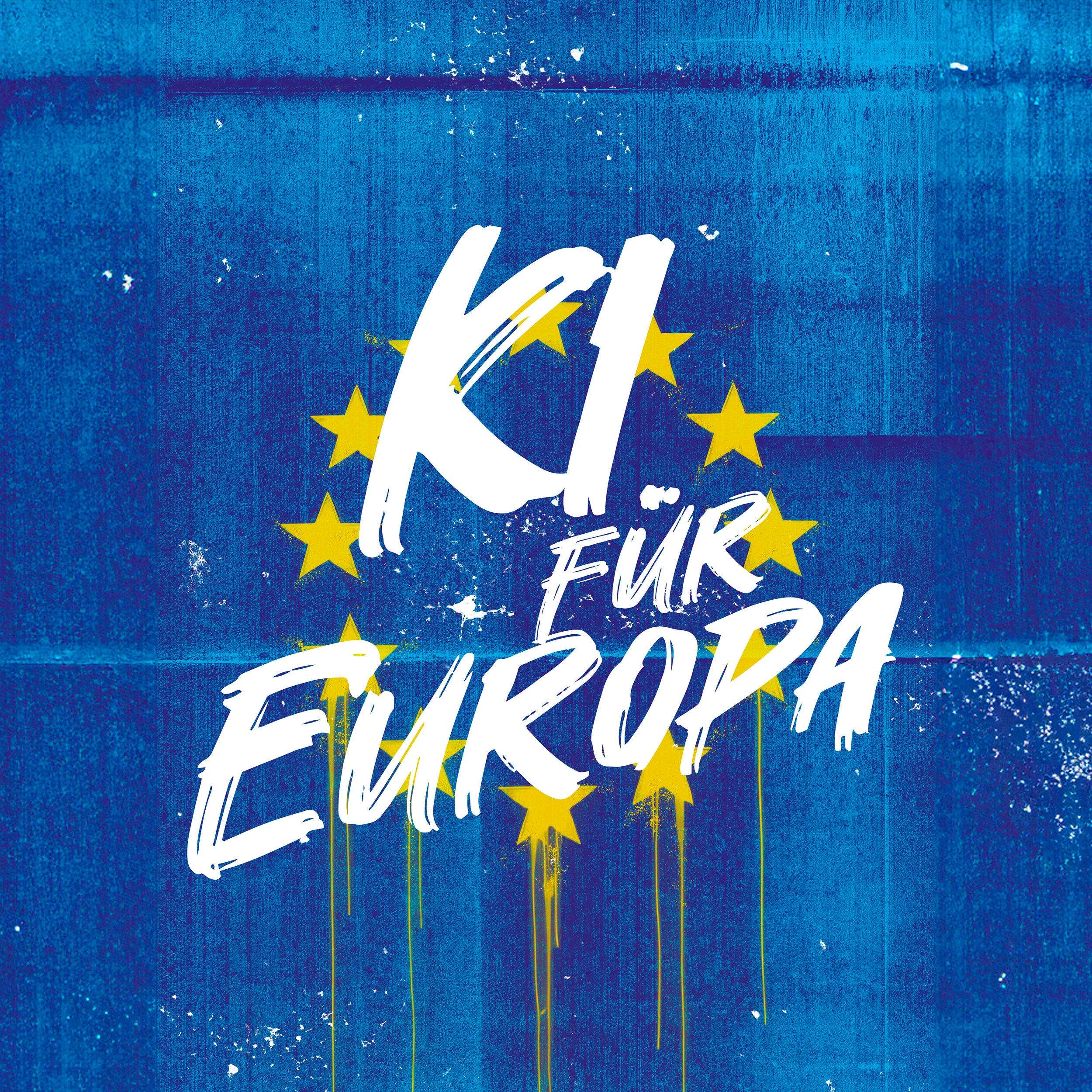 Blauer Hintergrund mit gelben EU-Sternen und weißem Schriftzug „KI für Europa“ im Graffiti-Stil.