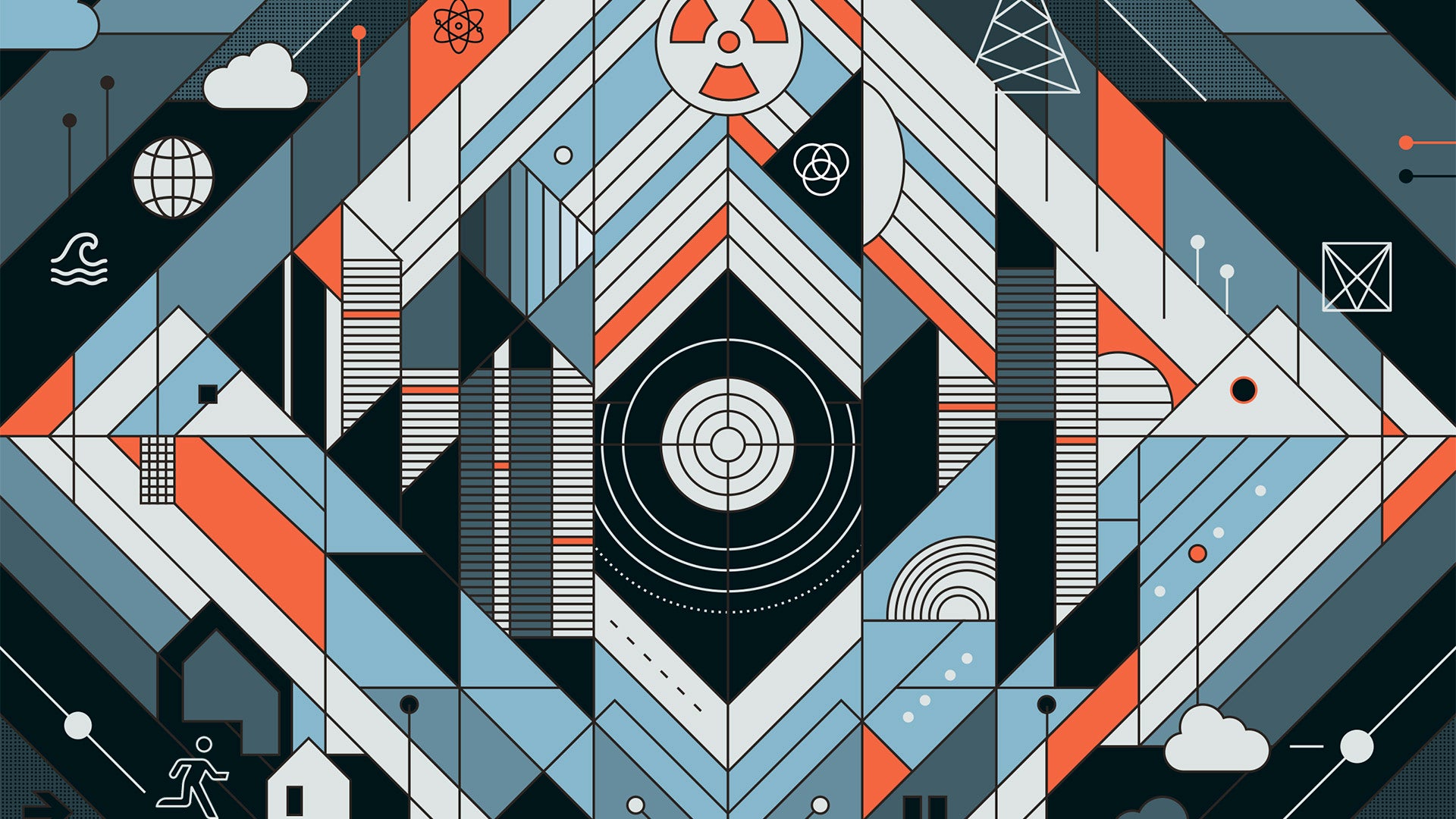 Abstrakte geometrische Illustration in Blau, Grau und Orange mit Symbolen für Atomenergie, Strahlung, Kommunikation und Natur.