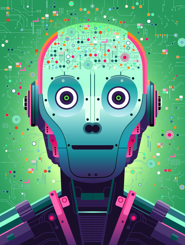 Bunte Illustration eines humanoiden Roboters mit leuchtenden Augen, offenem Schaltkreis-Kopf und grünem Hintergrund voller digitaler Symbole.