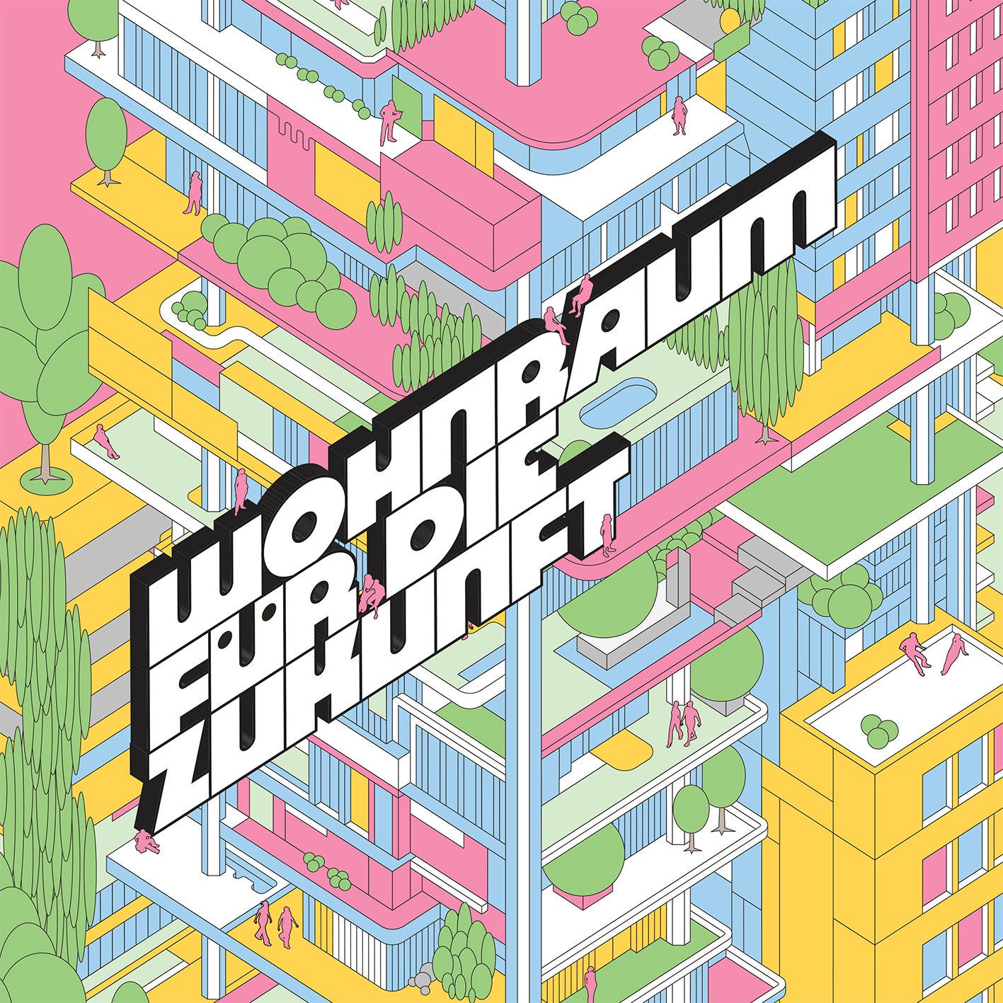 Text  &quot;Wohnraum für die Zukunft&quot; vor bunter, futuristisch stilisierte Stadt.