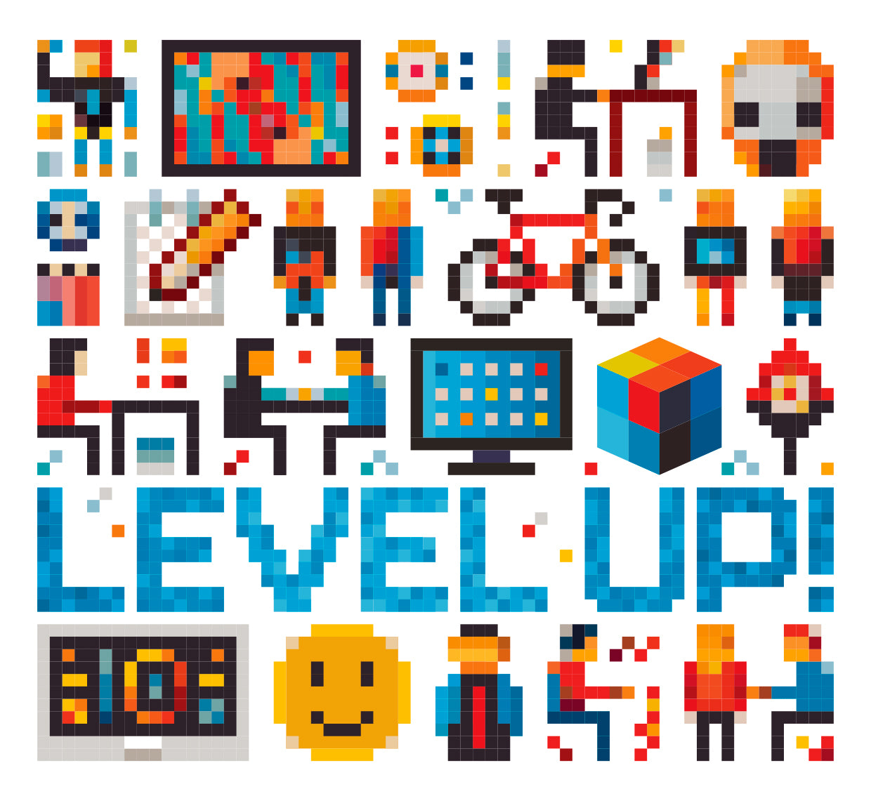 Pixel-Art-Grafik mit Figuren, Symbolen für Arbeit, Technik, Fahrrad und Spielen, darunter der Schriftzug „LEVEL UP!“ in blauen Pixeln.