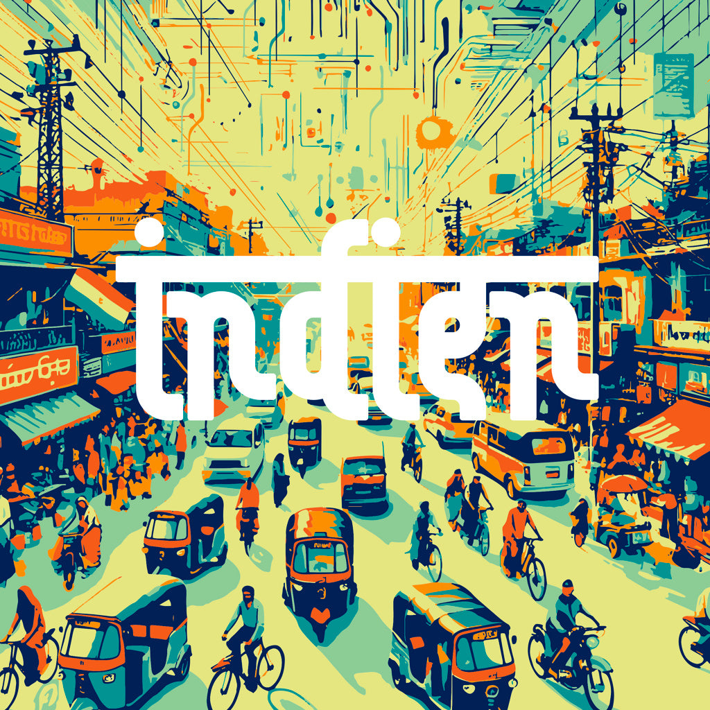 Bunte Illustration einer belebten indischen Straße mit Fahrrädern, Rikschas und Autos, überlagert von Leiterbahn-Mustern und dem Schriftzug „Indien“.