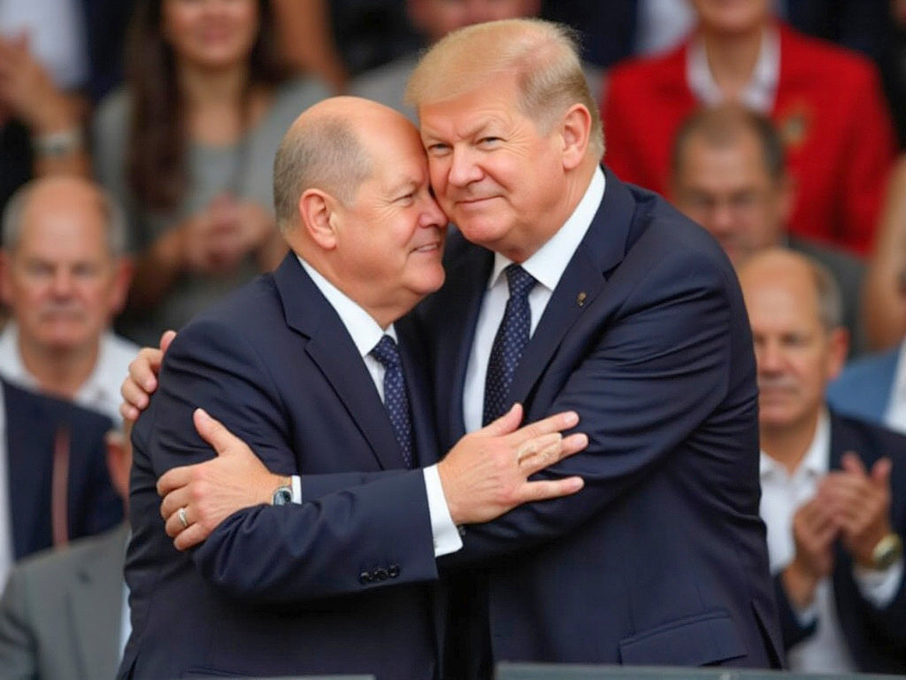 KI generiertes Fake-Bild auf dem sich Donald Trump und Olaf Scholz umarmen