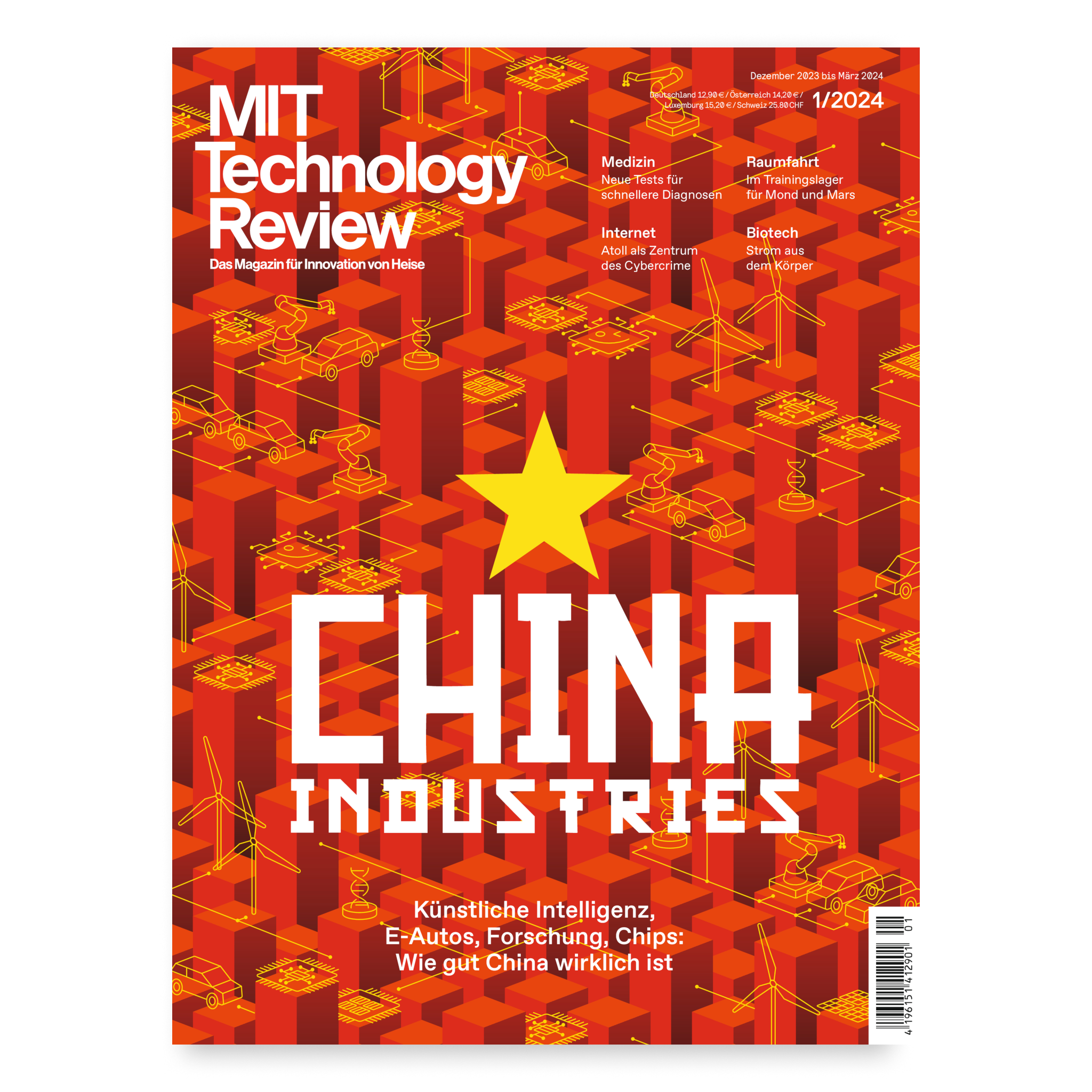 Magazin-Cover: Illustration mit gelbem Stern und Text China Industries auf rotem Hintergrund. Darstellung von Symbolen für Windkraftanlagen, Autos, Roboterarme, Solarpanels und Mikrochips – Symbol für Chinas Industrie- und Technologiewachstum