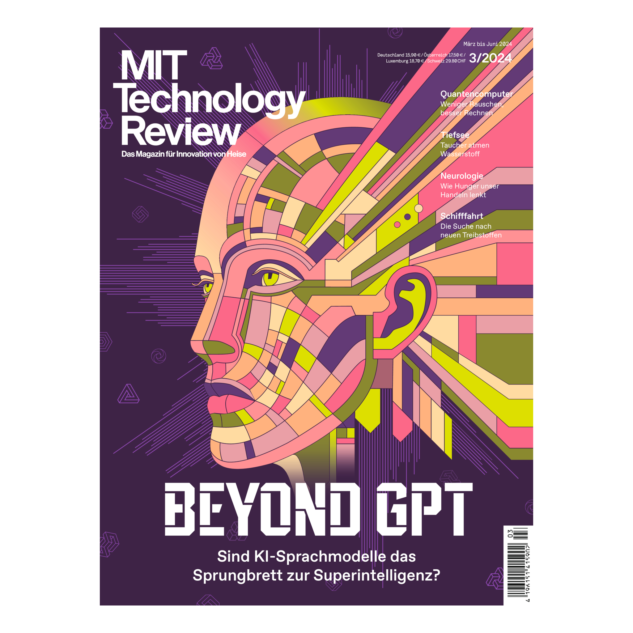 Magazin-Cover: Illustration mit futuristischem, buntem Gesicht aus geometrischen Formen vor violettem Hintergrund, daneben der Text „Beyond GPT“.