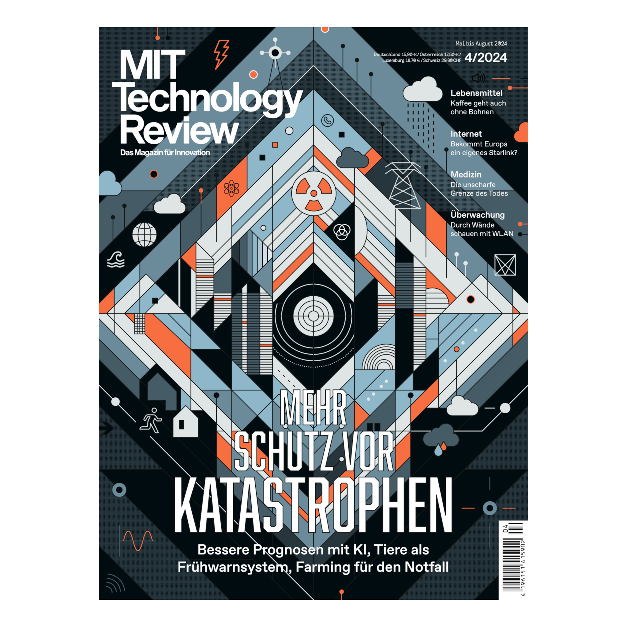 Magazin-Cover: Abstrakte geometrische Illustration in Blau, Grau und Orange mit Symbolen für Atomenergie, Strahlung, Kommunikation und Natur.