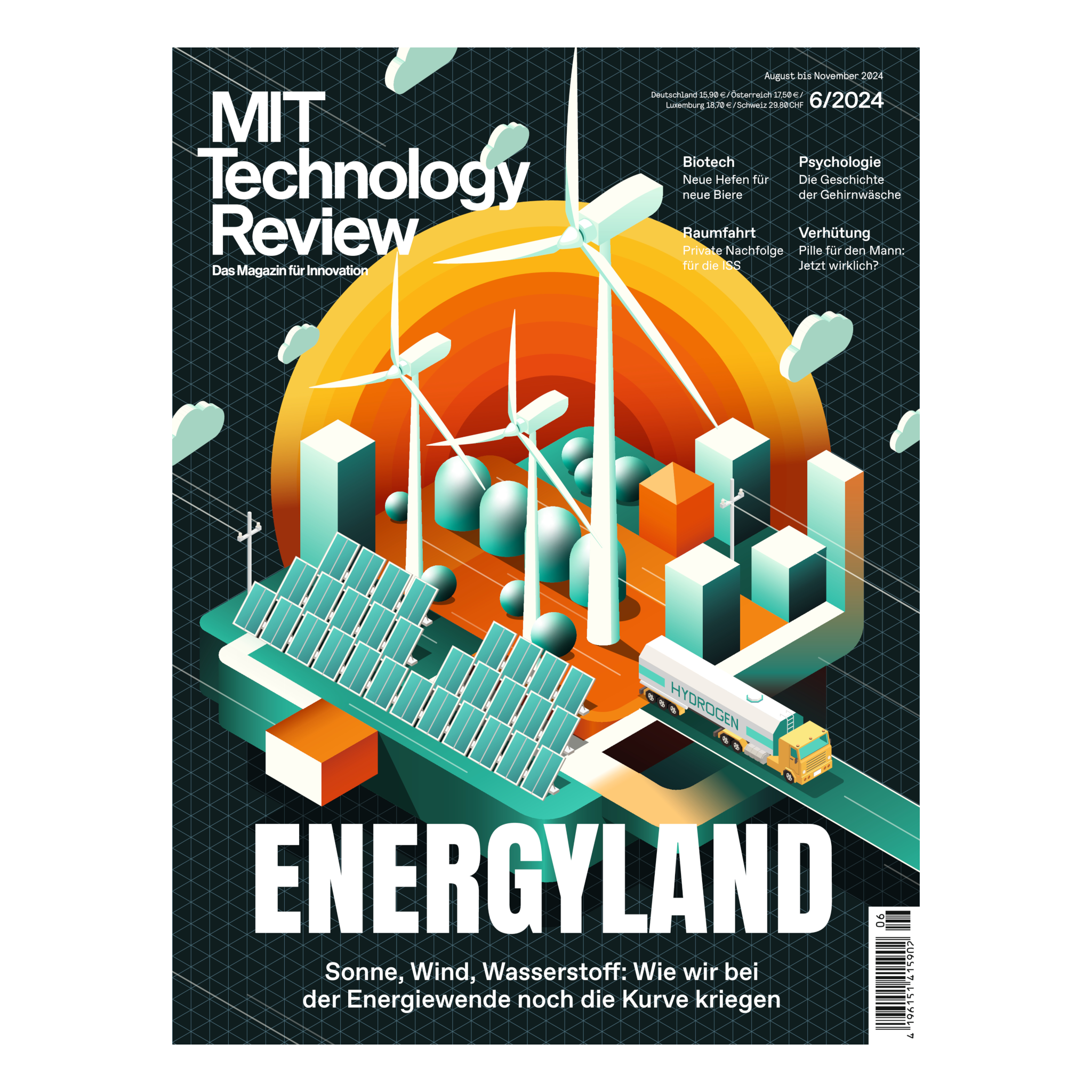 Magazin-Cover: Futuristische Illustration mit Windrädern, Solaranlage, Gebäuden und Wasserstoff-LKW vor Sonnenhintergrund.