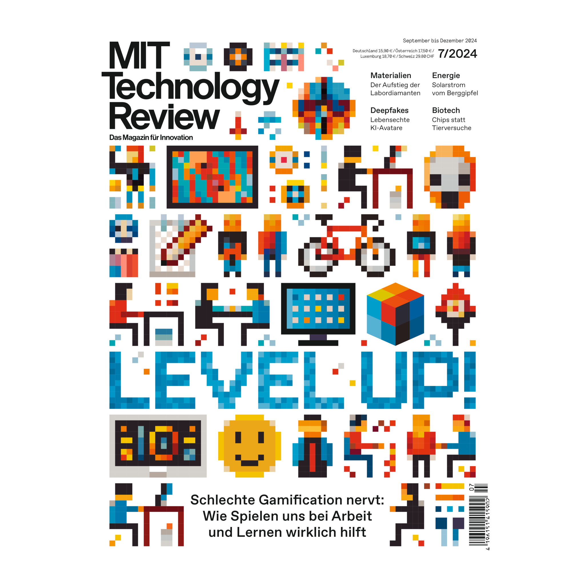 Magazin-Cover: Pixel-Art-Grafik mit Figuren, Symbolen für Arbeit, Technik, Fahrrad und Spielen, darunter der Schriftzug „LEVEL UP!“ in blauen Pixeln.