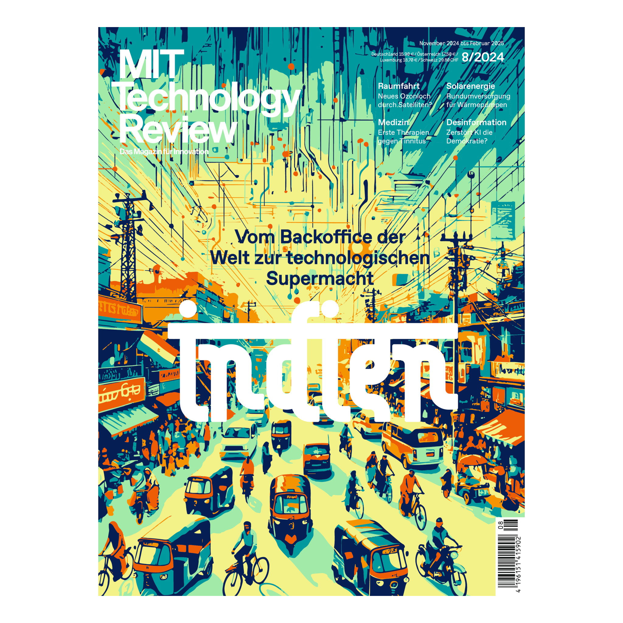 Magazin-Cover: Bunte Illustration einer belebten indischen Straße mit Fahrrädern, Rikschas und Autos, überlagert von Leiterbahn-Mustern und dem Schriftzug „Indien“.