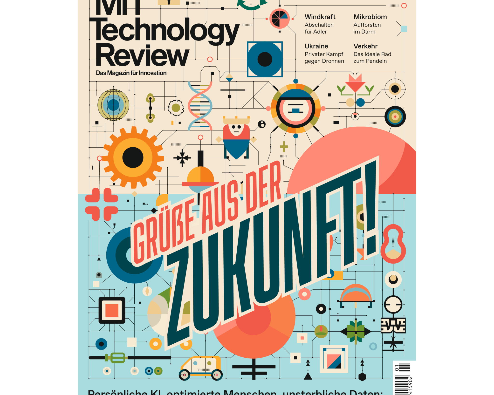 Magazin-Cover: Bunte Retro-Illustration mit Symbolen für Technologie, DNA, Energie und Robotik, darüber der Schriftzug „Grüße aus der Zukunft!“.