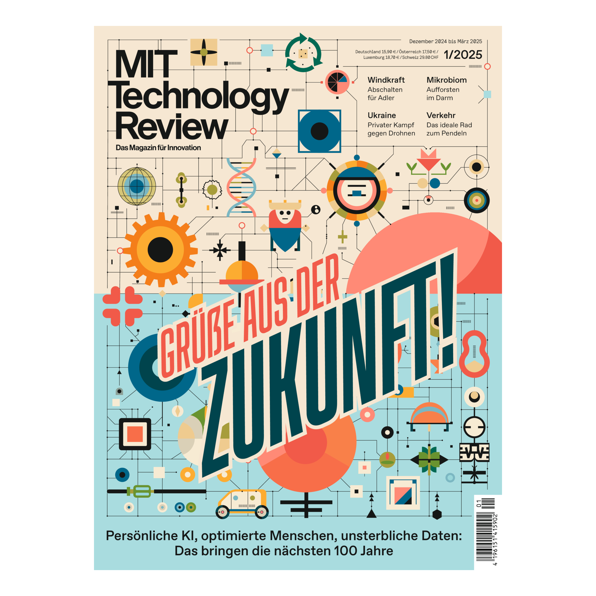 Magazin-Cover: Bunte Retro-Illustration mit Symbolen für Technologie, DNA, Energie und Robotik, darüber der Schriftzug „Grüße aus der Zukunft!“.