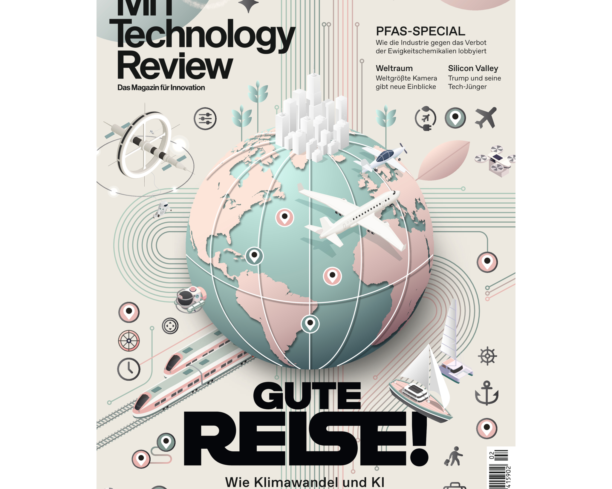 Magazin-Cover: Illustration eines Globus mit Flugzeugen, Zügen, Schiffen und Symbolen für Mobilität, darunter der Schriftzug „Gute Reise!“.