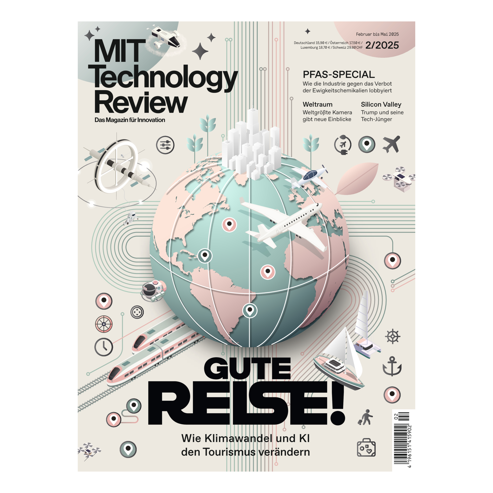 Magazin-Cover: Illustration eines Globus mit Flugzeugen, Zügen, Schiffen und Symbolen für Mobilität, darunter der Schriftzug „Gute Reise!“.