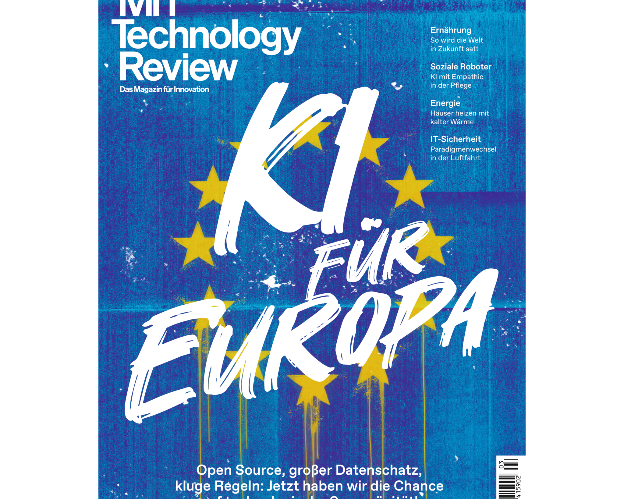 Magazin Cover: Blauer Hintergrund mit gelben EU-Sternen und weißem Schriftzug „KI für Europa“ im Graffiti-Stil.
