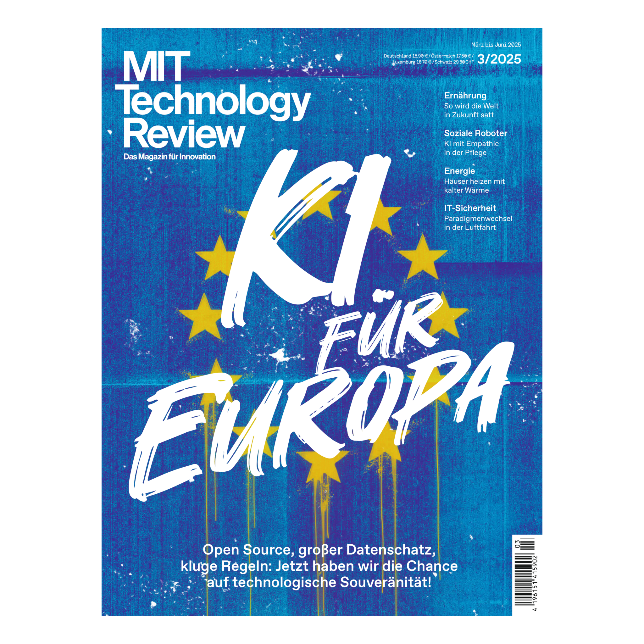 Magazin Cover: Blauer Hintergrund mit gelben EU-Sternen und weißem Schriftzug „KI für Europa“ im Graffiti-Stil.